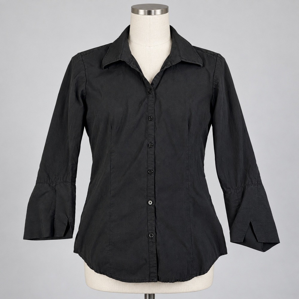 Black Tailored Fitted Button Down Womens Shirt Split Cuff Small Professional